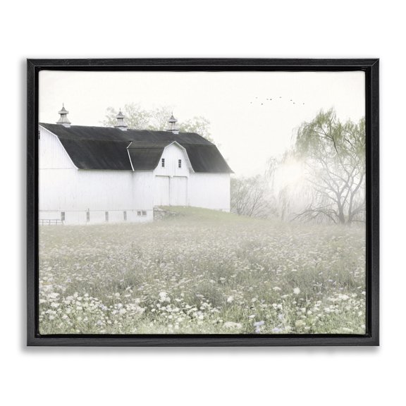 Stupell Industries Rustic Lodge Peaceful White Barn Countryside Meadow Blooming Buds Black Floating Frame Canvas Art, 21 x 17, by Lori Deiter