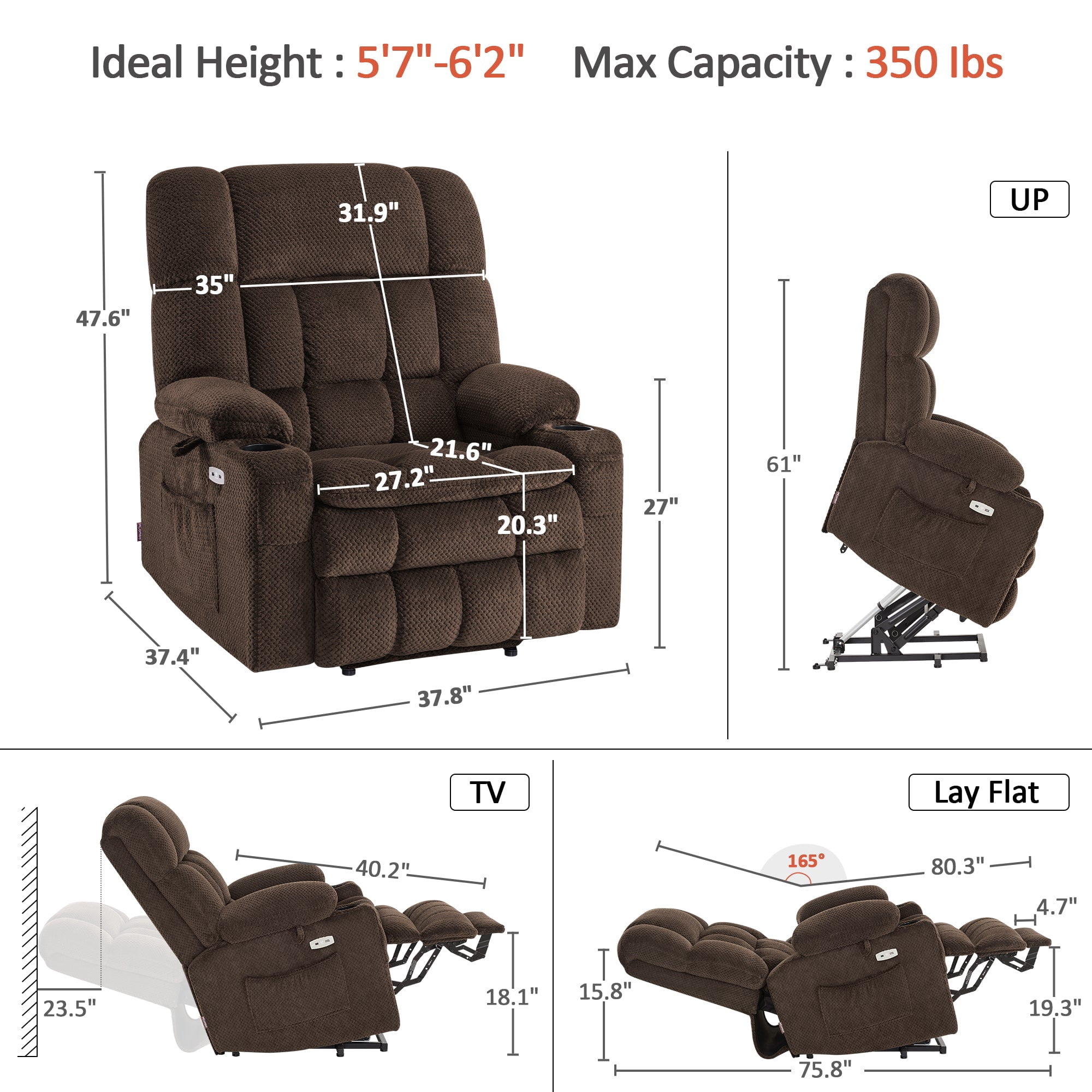 MCombo Oversized 27.2" Seat Width Dual Motor Power Recliner Lift Chair with Vibration and Heat for Height 5'7"-6'2", Infinite Position