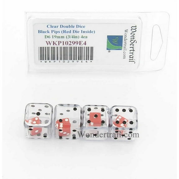 Clear Doubling Cube Dice with Black Pips D8 19mm (3/4in) (Red Die Inside) Pack of 4 Wondertrail
