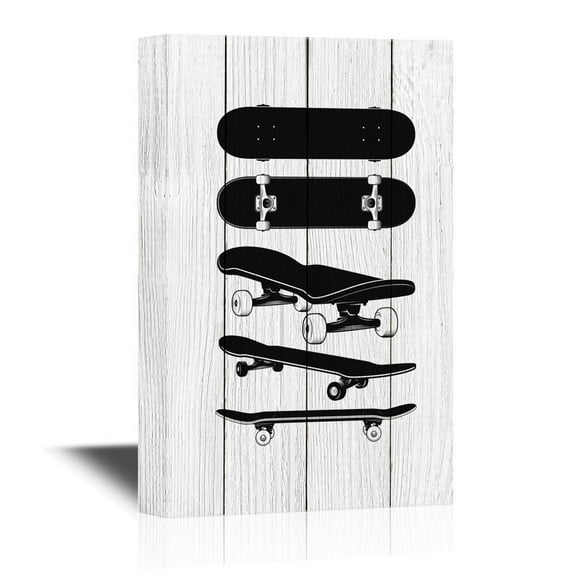wall26 - Skateboard Canvas Wall Art - Black Skateboards on Wood Style Background - Gallery Wrap Modern Home Art | Ready to Hang - 12x18 inches