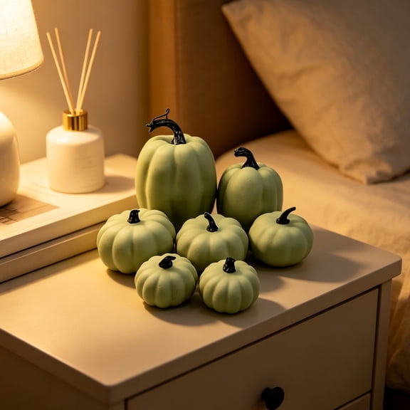 7 Pack Artificial Green Pumpkins Decor, Assorted Sizes Faux Pumpkins, Fall Harvest Table Centerpiece for Halloween Thanksgiving Home Party Decor