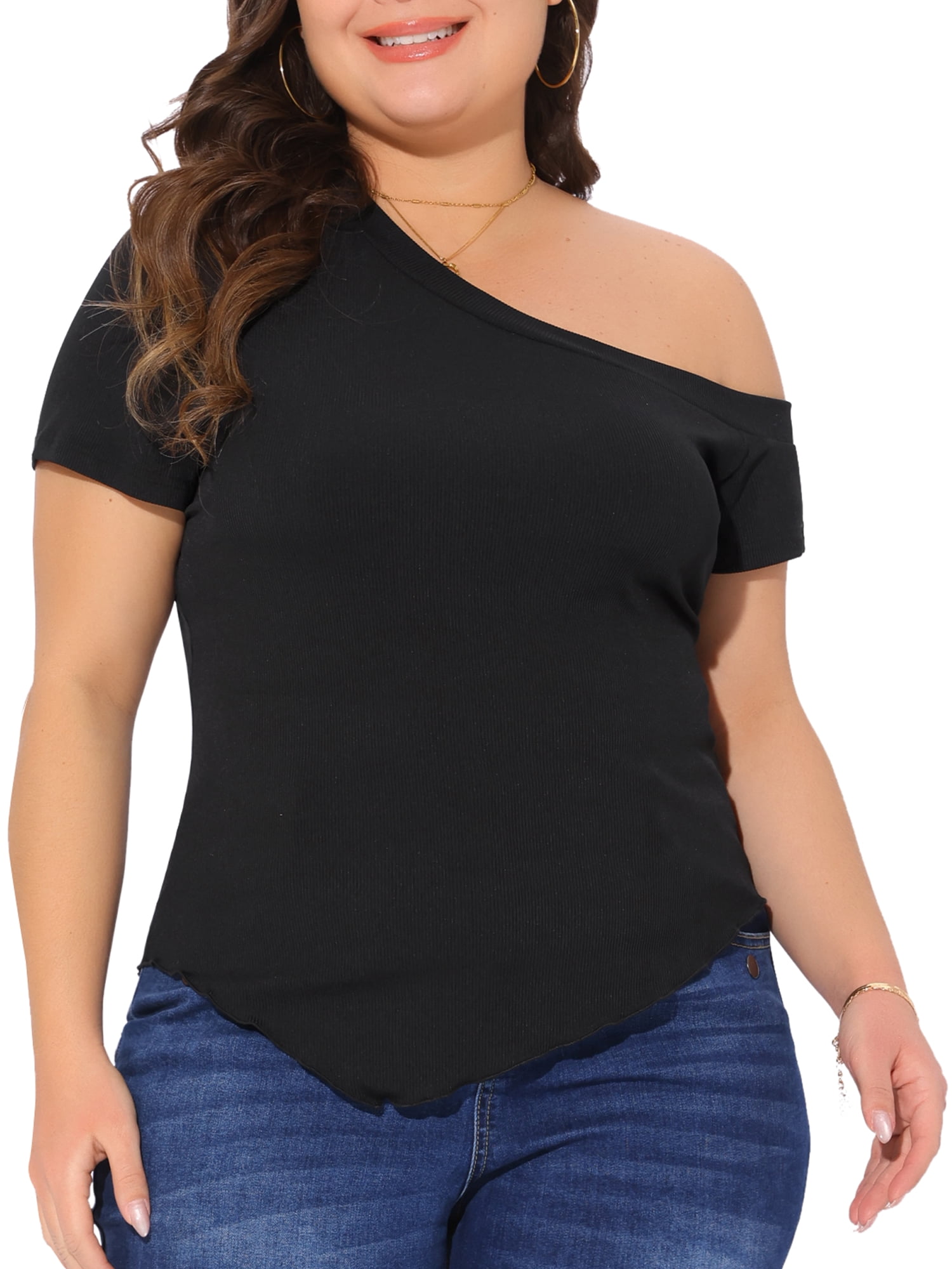 DARING DIVA Women's Plus One Shoulder Blouse 4X Black
