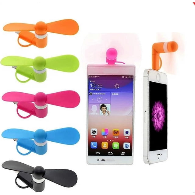 mini ventilador para teléfono (6 unidades), colorido y potente, compatible con iphone, ipad, smartphone android y tableta. accesorios de verano para teléfono móvil (3 en 1) Seis mini ventiladores desmontables en naranja, verde, rosa, azul y negro; vista frontal y lateral con hélices de dos aspas y cuerpo plástico con conector compacto compatible según modelo con Lightning, USB‑C o micro‑USB; diseño de bolsillo con anillo de sujeción y muestras insertadas en teléfonos para escala; ideal para ventilación personal en viajes cortos.