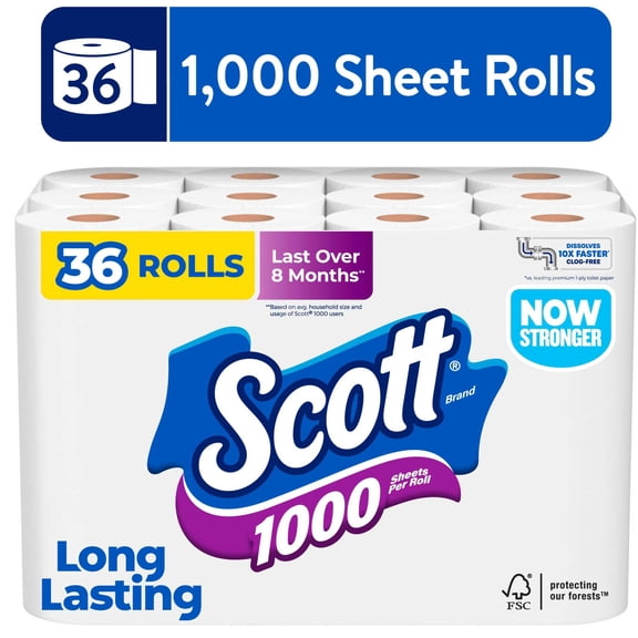 Scott 1000 Toilet Paper, 36 Rolls, 1000 Sheets Per Roll