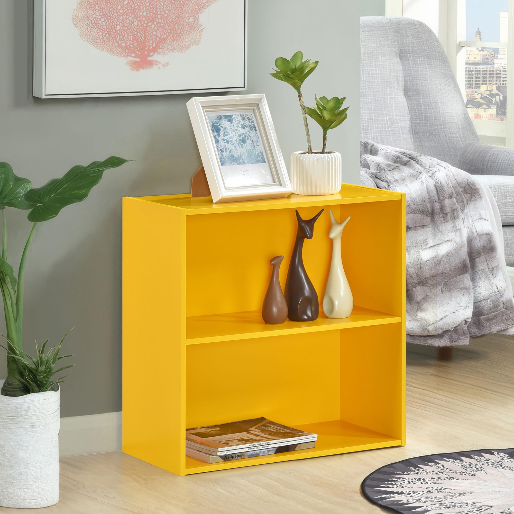 Kings Brand Furniture George 2-Tier Bookcase Storage Organizer - Wooden Shelf Organizer for Bedroom, Nursery, School or Home Office (Yellow)