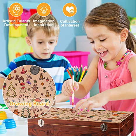 146 Piece Deluxe Art Set with Easel, Wooden Art Box with 2 Drawing Pad,  Drawing Kit with Crayon,Oil Pastel,Colored Pencil,Watercolors Cake,  Creative