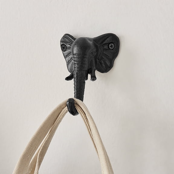 4 Piece Black Cast Iron Elephant Head with Trunk Decorative Wall Sculpture Figure Utility Hook Set