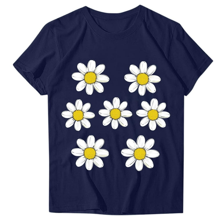 Women's Daisy Floral Tops Crewneck Short Sleeve Casual Summer