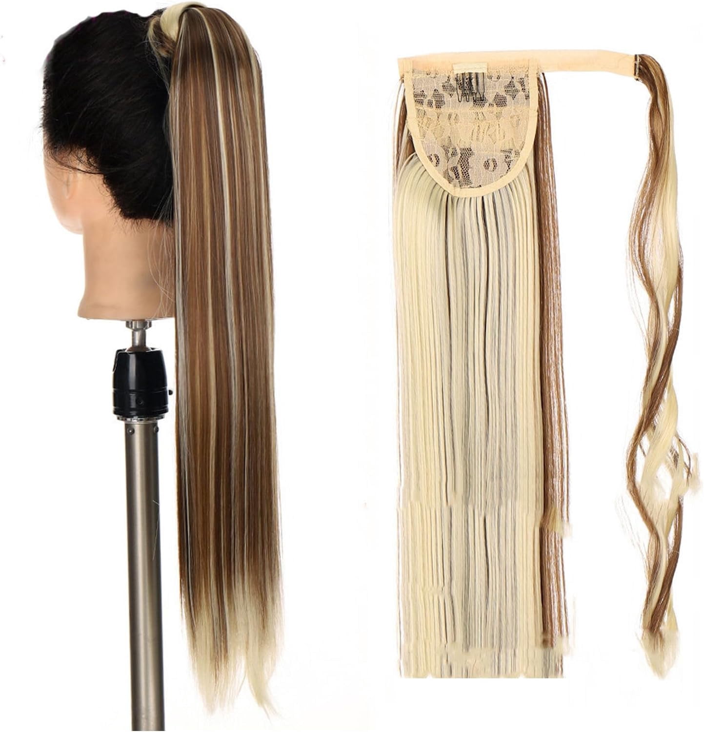Aorsher Clip in Ponytail Extension Wrap Around Long Straight Pony Tail Hair 24Inch Synthetic Hairpiece for Women Blonde A