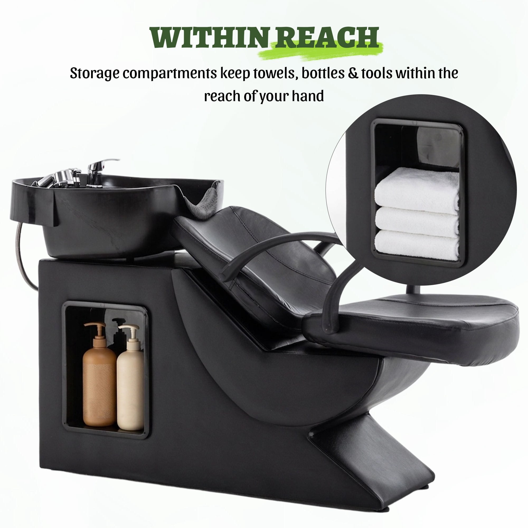 Miniyam 53.5" x 21.7" x 32" Shampoo Station with Chair – ABS Basin, PU Leather, Neck Rest, Side Storage, Hot/Cold Faucet & Sprayer – 300 lbs Capacity – Black for Salon Spa Barbershop