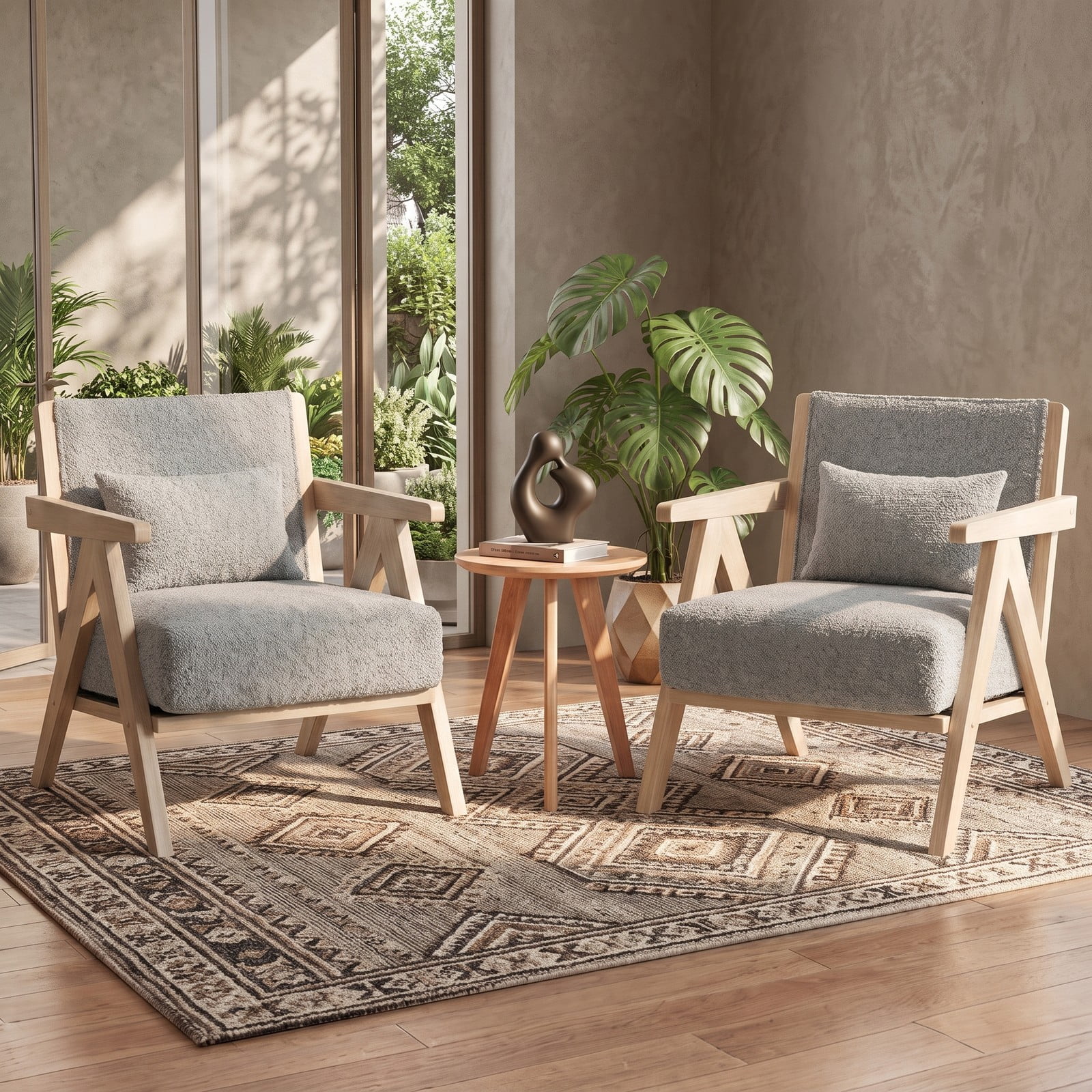 Furnibear Mid-Century Modern Accent Chair, Faux Leather Upholstered Armchair with Chenille Fabric, Rubber Wood Frame, Pocket Spring Seat, Removable Washable, Gray