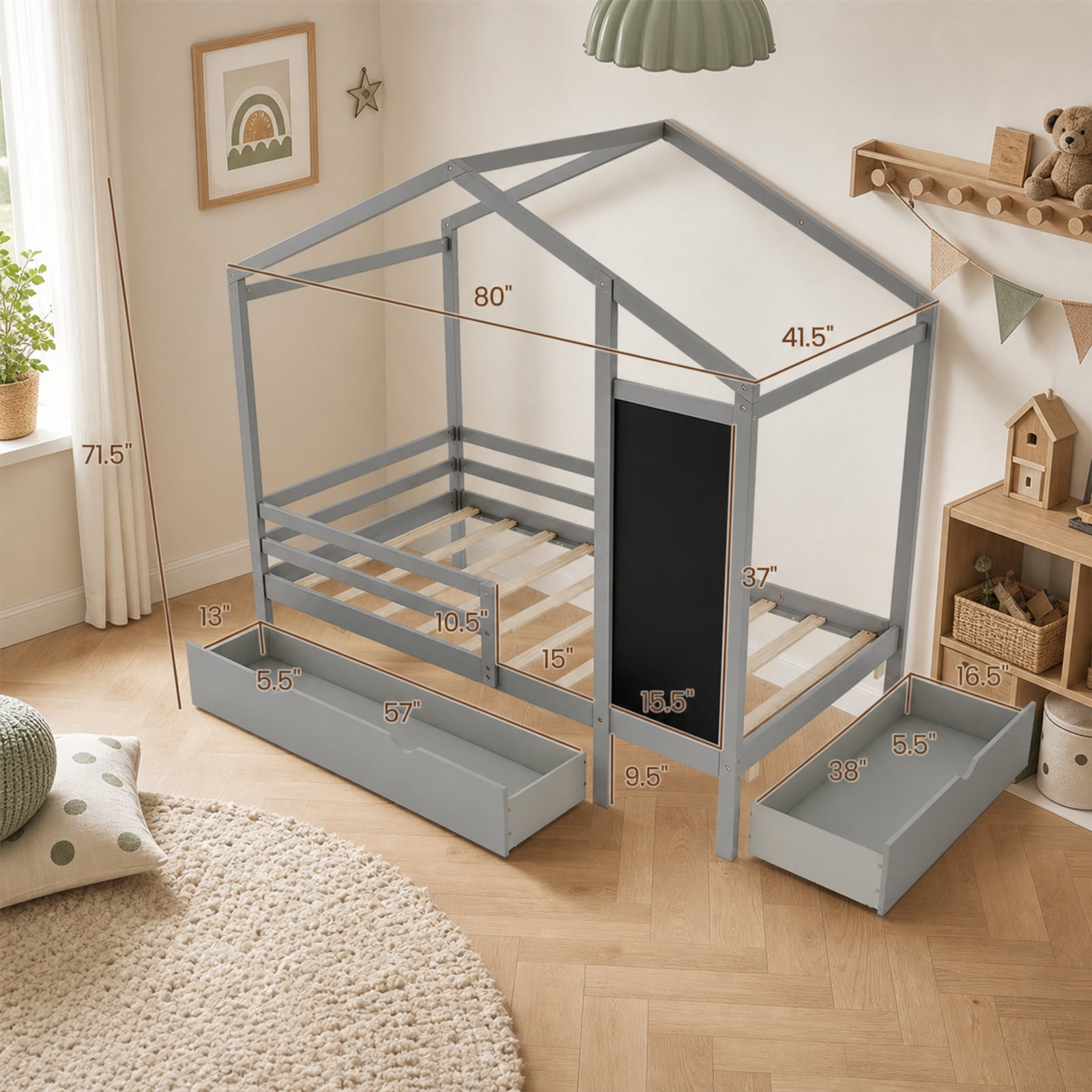Furnibear Twin House Bed with Interactive Blackboard 2 Large Storage Drawers Rolling Casters Solid Pine Wood Frame and High Guardrails, Gray