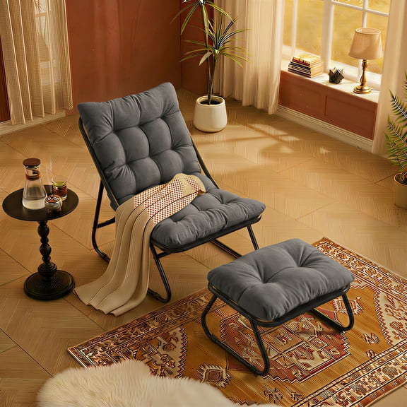 Peispie Fabric Leisure Chair with Ottoman, Comfy Accent Chair with Soft Thick Cushion, Modern Lounge Chair for Living Room, Bedroom, Reading, 300 LBS, Grey