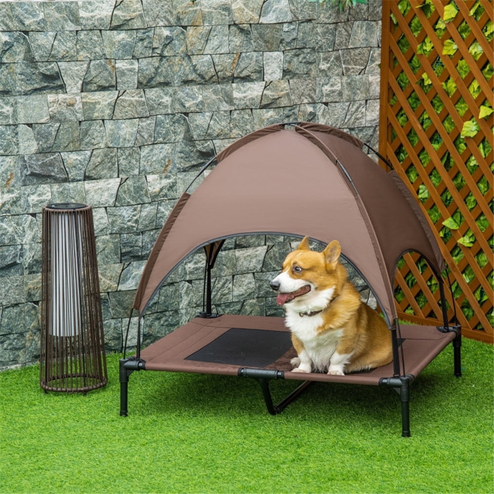 Outdoor Dog Bed with Removable Canopy, Raised Dog Cot with Anti-Slip Feet, Breathable Mesh for Indoor & Outdoor Use, Portable Cooling Pet Bed for Dogs Up to 66LBS, Coffee & Black