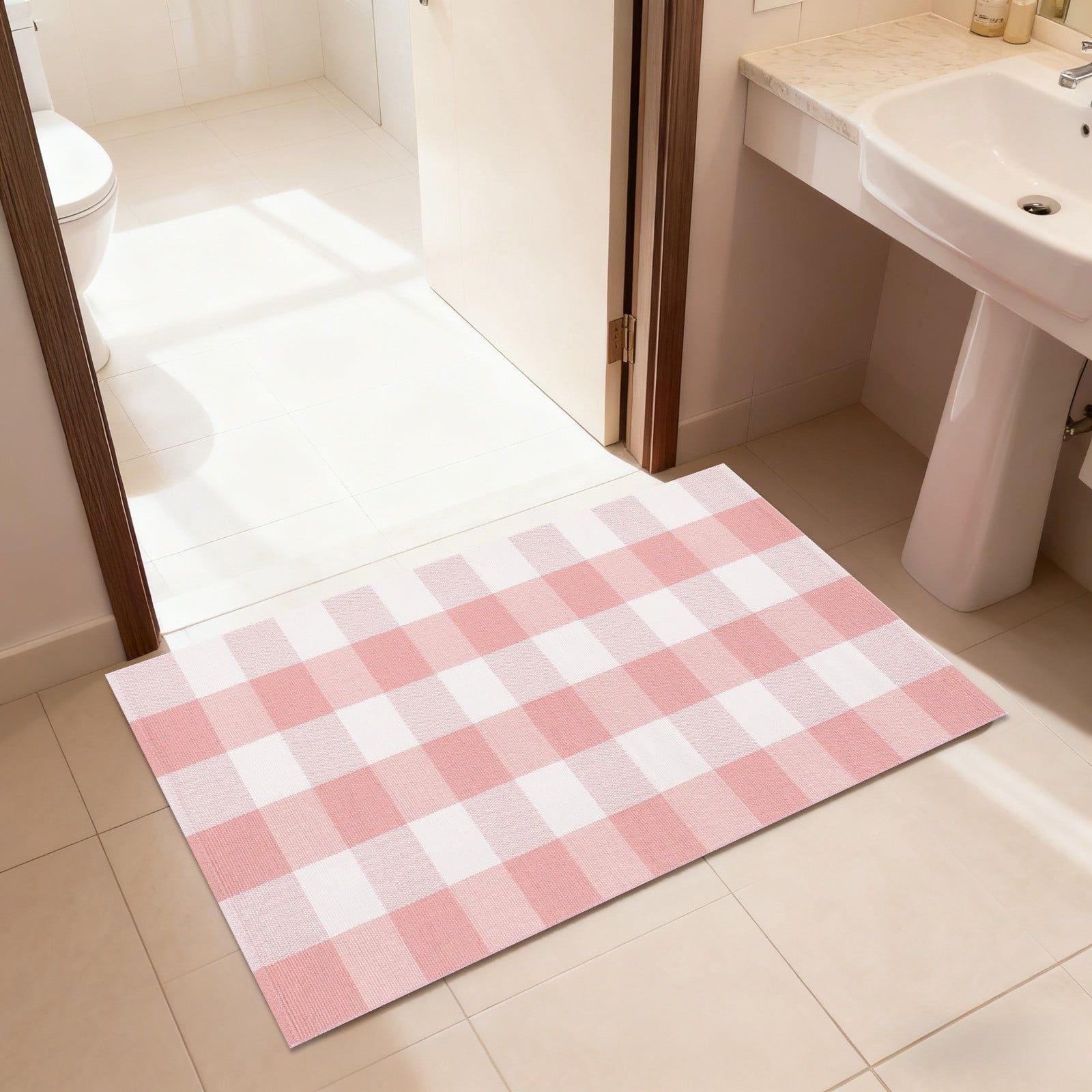 Buffalo Plaid Rug 130X60cm Pink and White Checked Rug Washable Doormats Indoor Outdoor Rugs for Layered Front Door Mats, Porch, Kitchen, Farmhouse, Entryway