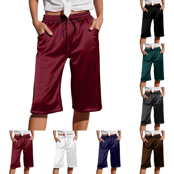 GEWSEY Women's Silk Satin Capri Pajamas Pants Loungewear Sleep Cropped Pants Elastic Waist Silky Lounge Pj Bottoms with Pocket (Dark Green, XXL)