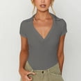 thumbnail image 2 of UAMVSH Women's V Neck Short Sleeve Slim T-Shirt Stretchy Solid Color Ribbed Basic Top Casual Going out Tees, 2 of 6