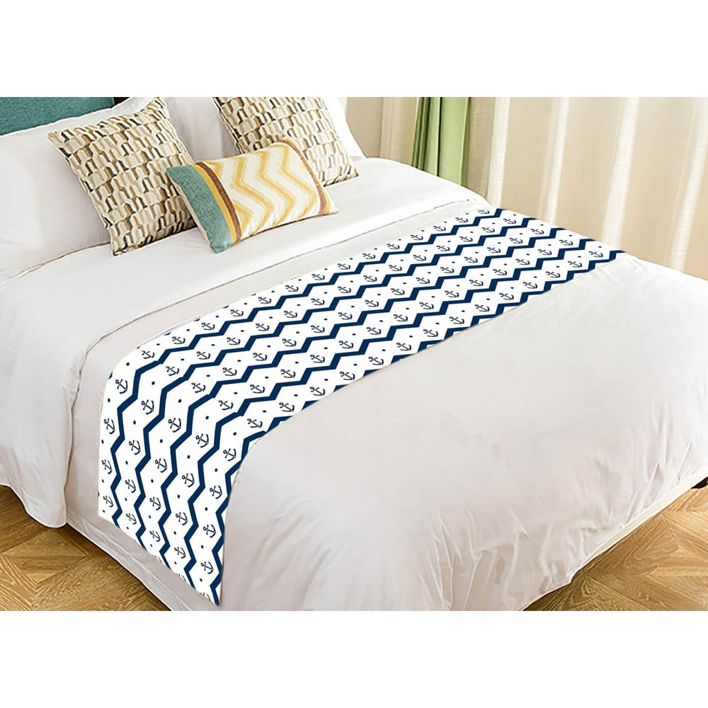 YKCG Chervon Navy Anchors Blue and White Bed Runner Bedding Scarf Size