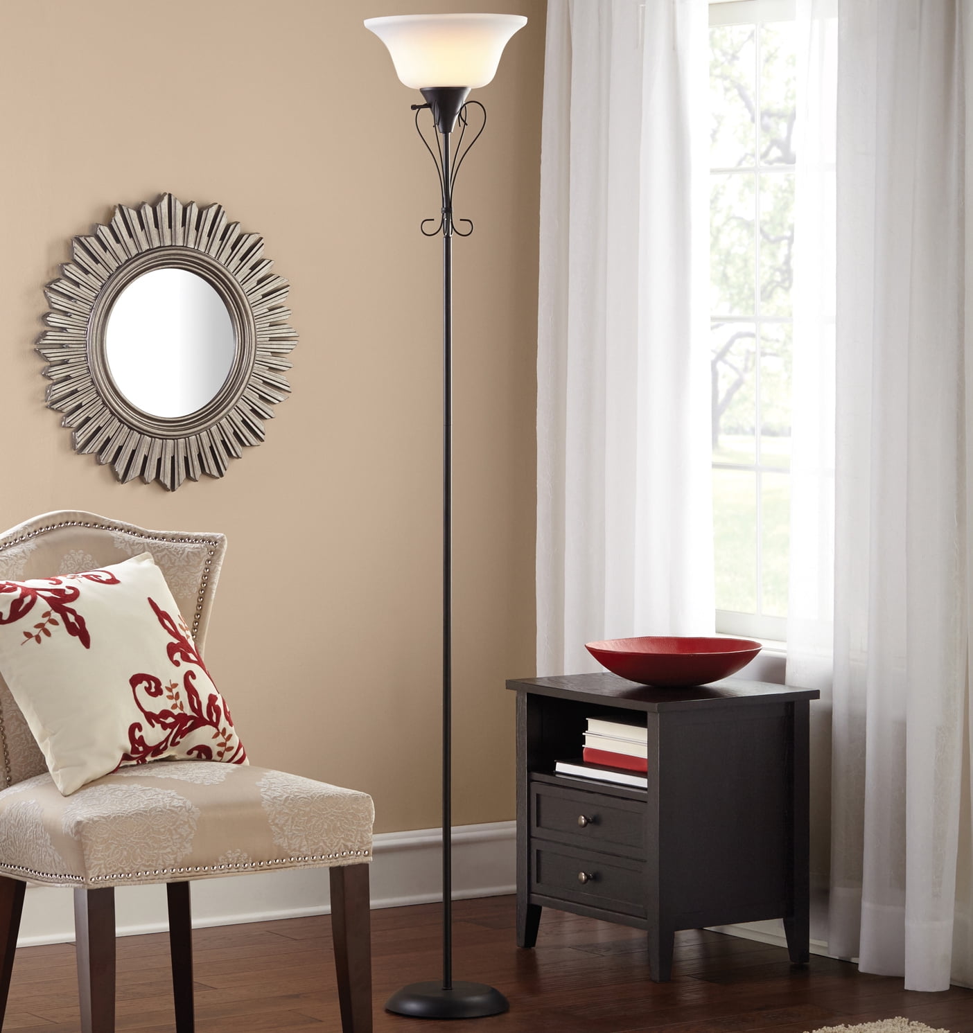 Mainstays Black Iron Scroll Traditional Torchiere Floor Lamp 71"H, LED Bulb Included