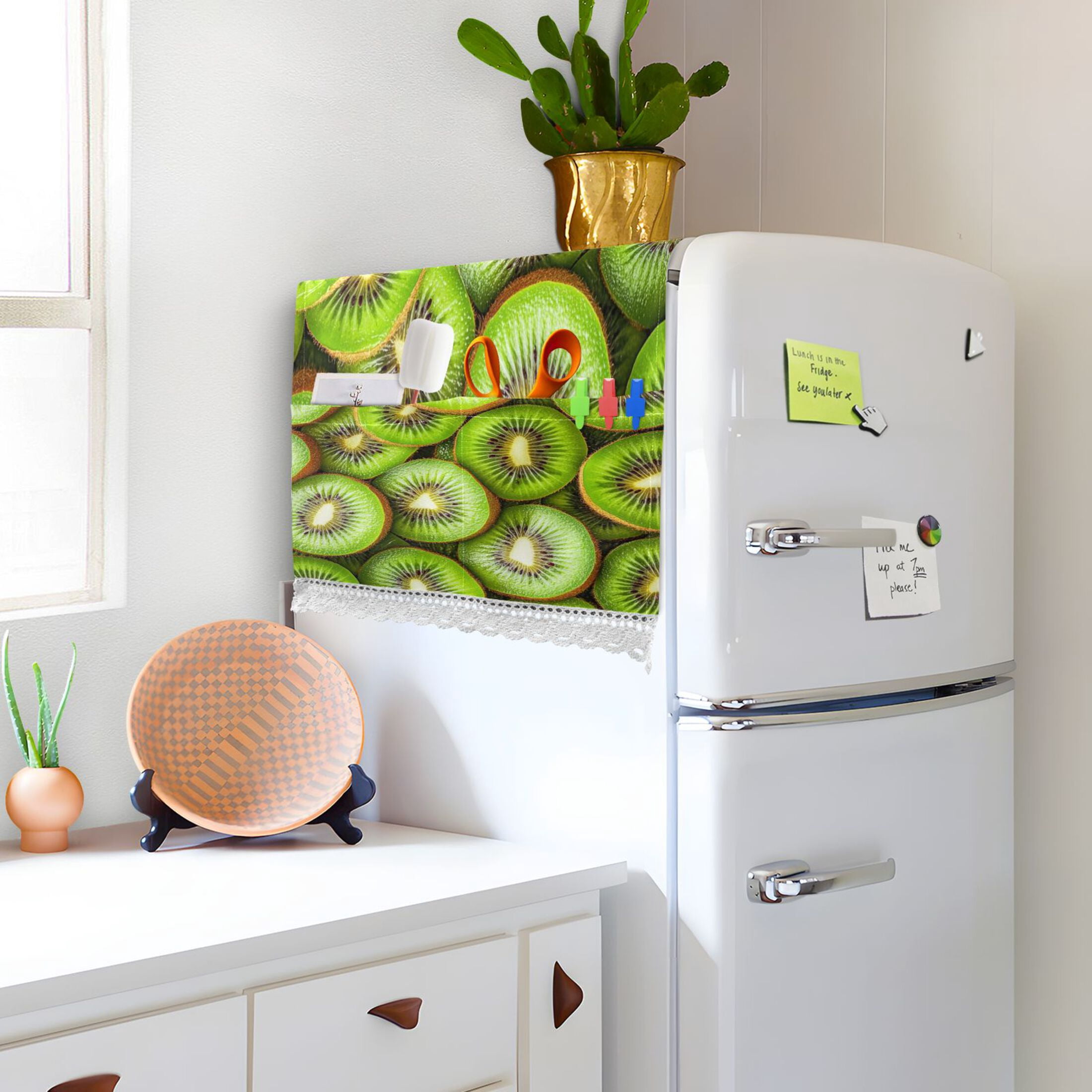 Kiwi Fruit PatternWasher and Dryer Covers Dust-Proof and Oil Resistant Fridge Cover with 4 Storage Pockets Washing Machine Top Cover for Laundry Kitchen Home 51.2 x 22 In