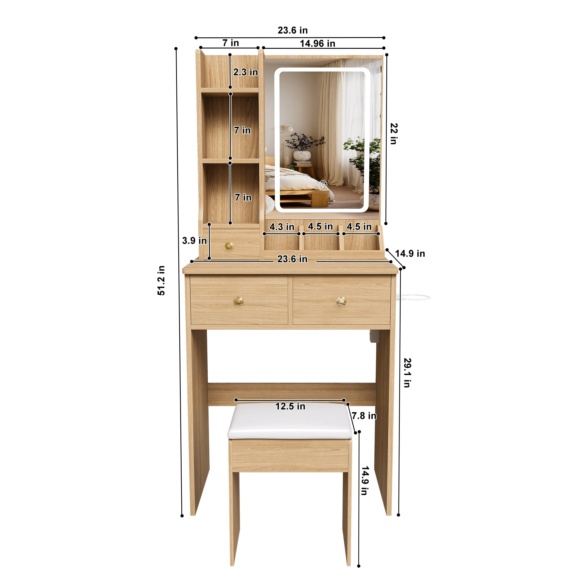 Mintazer Makeup Vanity Table with LED Lighted Mirror, Charging Station & Hair Dryer Holder, Dressing Table with Padded Stool & 5 Drawers Open Storage Shelves for Bedroom, Natural