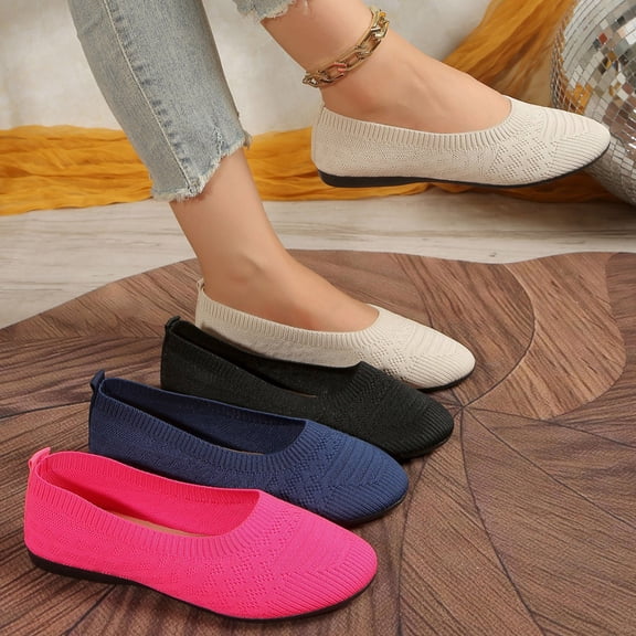 Hinvhai Women’s Knit Ballet Flat Shoes Comfort Soft Round Toe Slip On Ballerina Walking Flats Classic Softable Ballet Shoes Navy 9.5(43)