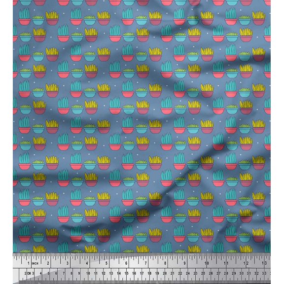 Soimoi Blue Poly Georgette Fabric Dot,Pot & Plants Garden Accessories Print Fabric by the Yard 42 Inch Wide