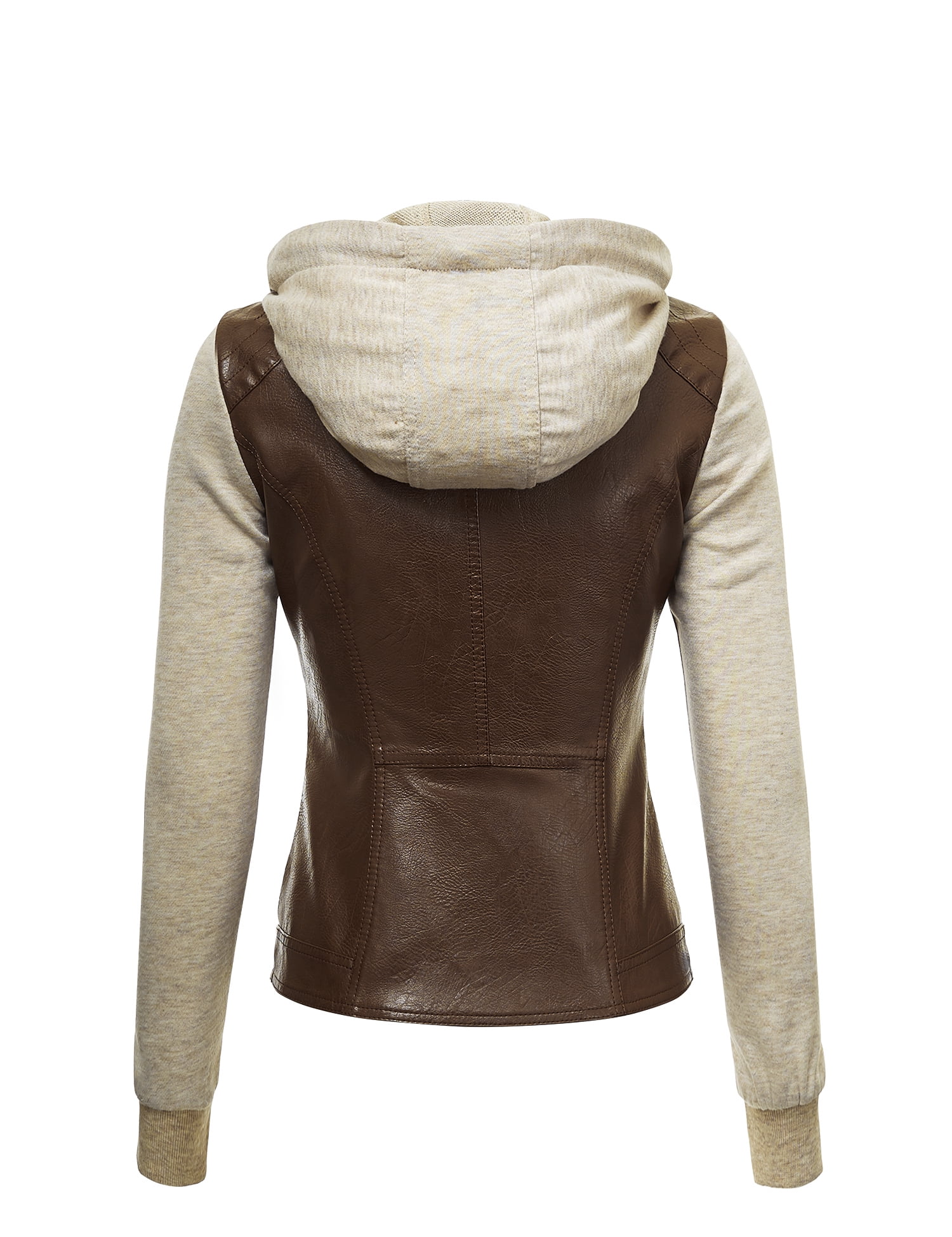 Made by Johnny Women's Faux Leather Zip Up Moto Biker Jacket with Hoodie S COFFEE_OATMEAL