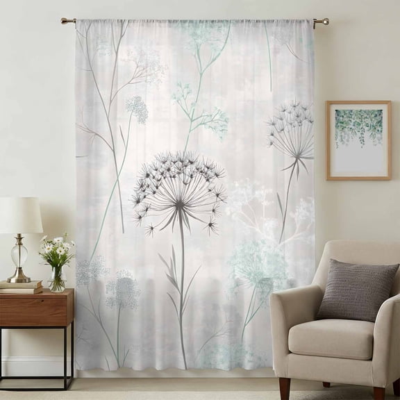 Teal Black Dandelion Sheer Curtains 63 Inches Long, Vintage Watercolor Floral Light Filering Curtains, Breathable Simi Curtain Privacy Drapes for Living Room Bedroom Lightweight Window Treatment