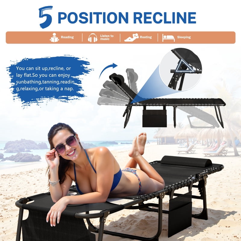 Vineego Folding Chaise Lounge Chair with Face Hole for Tanning, 5-Position Adjustable Textilene Outdoor Sunbathing Chair, Face Down Patio Pool Lounge Chair with Side Pocket & Pillow, Black