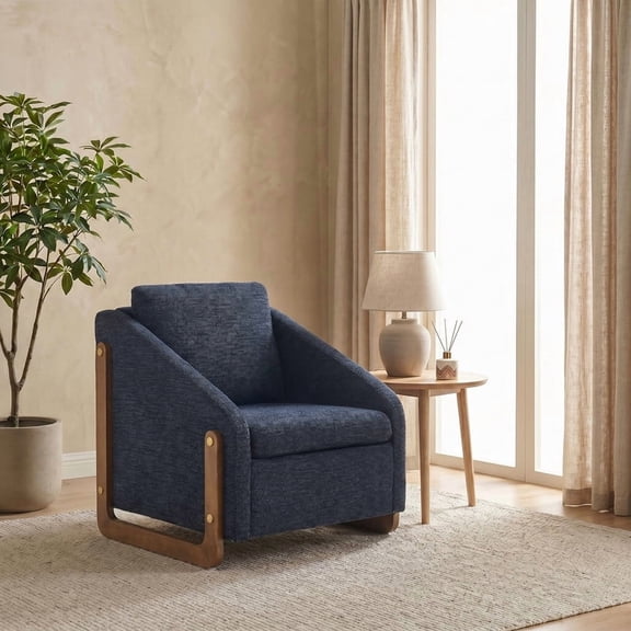 iooHug Mid-Century Chenille Upholstered Accent Chair, 250lbs Arm Chair with Wooden Frame for Living Room, Bedroom(Blue)