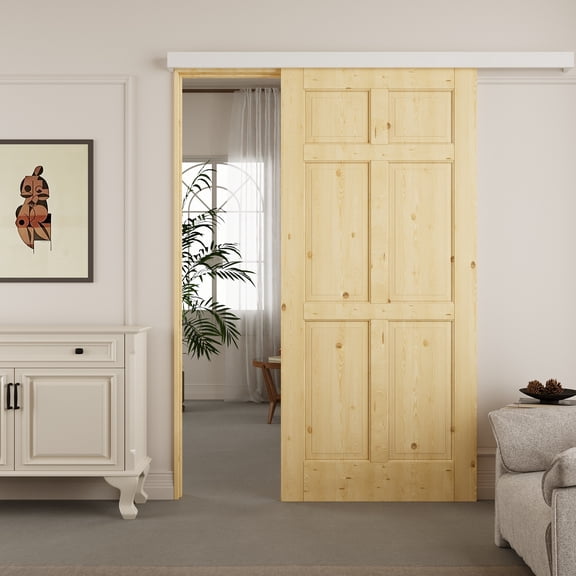36" x 80" Solid Pine 6-Panel Sliding Barn Door With Hidden Track & Installation Hardware Kit/No Assembly Required