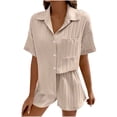 thumbnail image 2 of Chbgutlmr Womens Summer 2 Piece Outfits Short Sleeve Button down Lapel Shirts Elastic Waist Shorts Casual Loose Textured Dressy Sets, 2 of 9