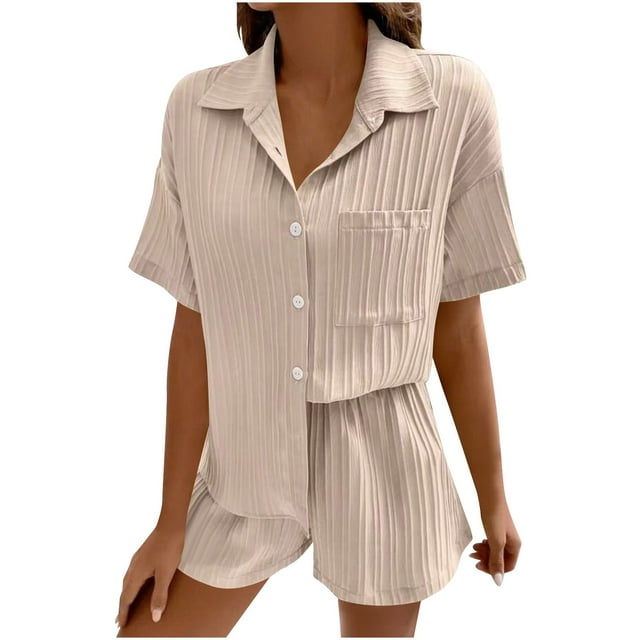 biudgviw Womens 2 Piece Outfits Short Sleeve Lounge Set Comfy Textured Lapel Button Down Shirts and Shorts Matching Set with Pocket