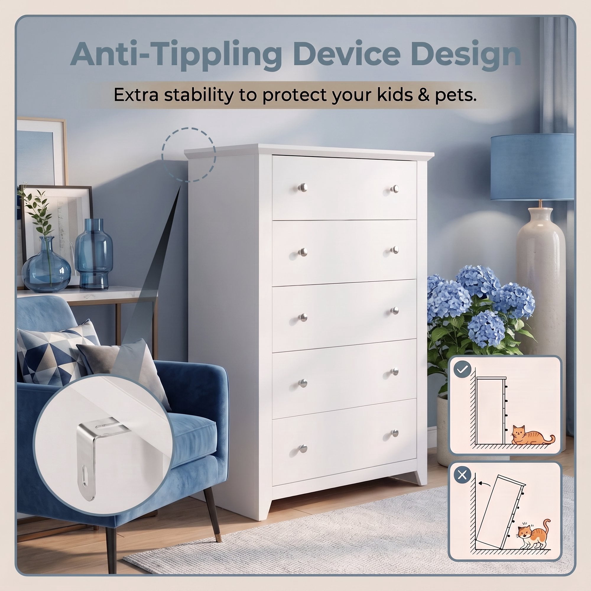 TrumanPick White Dresser Tall 5 Drawer Dressers for Bedroom Wood Chest of Drawers for Living Room Hallway Entryway 47.2"H x 31.1"W x 15.7"D
