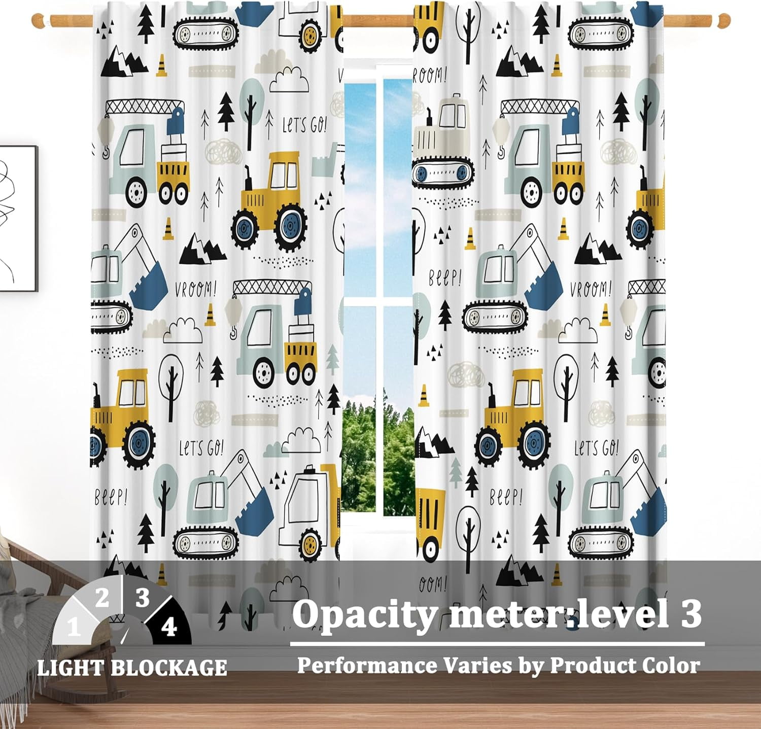 52 x 84 Inch Construction Vehicles Kids Curtains for Bedroom Living Room Excavator Concrete Mixer Crane Cartoon Equipment Trucks Rod Pocket Window Treatments Room Darkening Dreapes 2 Panels