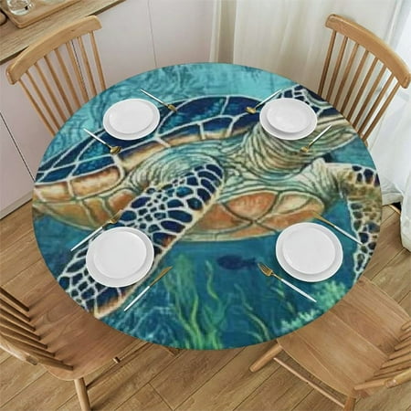 

Ollo0ord Nautical Turtle Blue Table Cloth Round Fitted Tablecloths with Elastic Edge Wipeable Waterproof Table Cover for Kitchen Wedding Coastal Seagrass Eucalyptus Anchor Brrown 38 -42