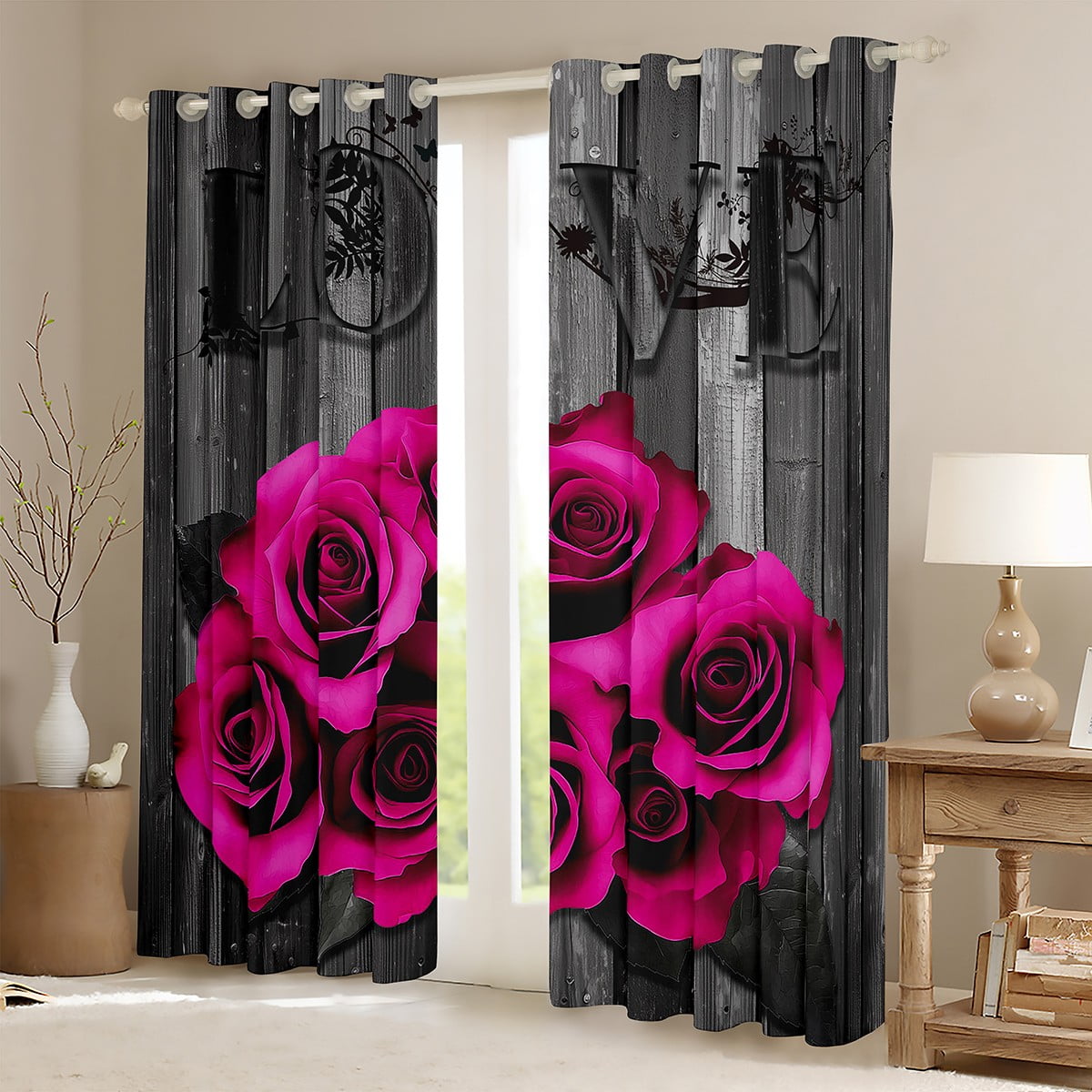 Hot Pink Rose Flowers Window Curtains 42"Wx84"L Rustic Rose Floral Curtains Valentine'S Day Couple Window Curtains For Bedroom Living Room,Romantic Blossom Window Treatments 2 Panels Black Grey