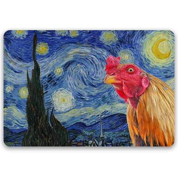 Metal Sign - The Starry Night Painting - Interrupted by Rooster - Durable Metal Sign - Use Indoor/Outdoor - Funny and Artsy Chicken Farm and Coop Decor and Gift (8" x 12")