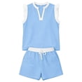 thumbnail image 2 of Women's Athletic Clothing Sets Summer Casual Two Piece Outfits Womens Ruffled Sleeveless V Neck Tops and Drawstring Waist Shorts Soft Breathable Beach Vacation Daily Wear Light Blue XL, 2 of 7