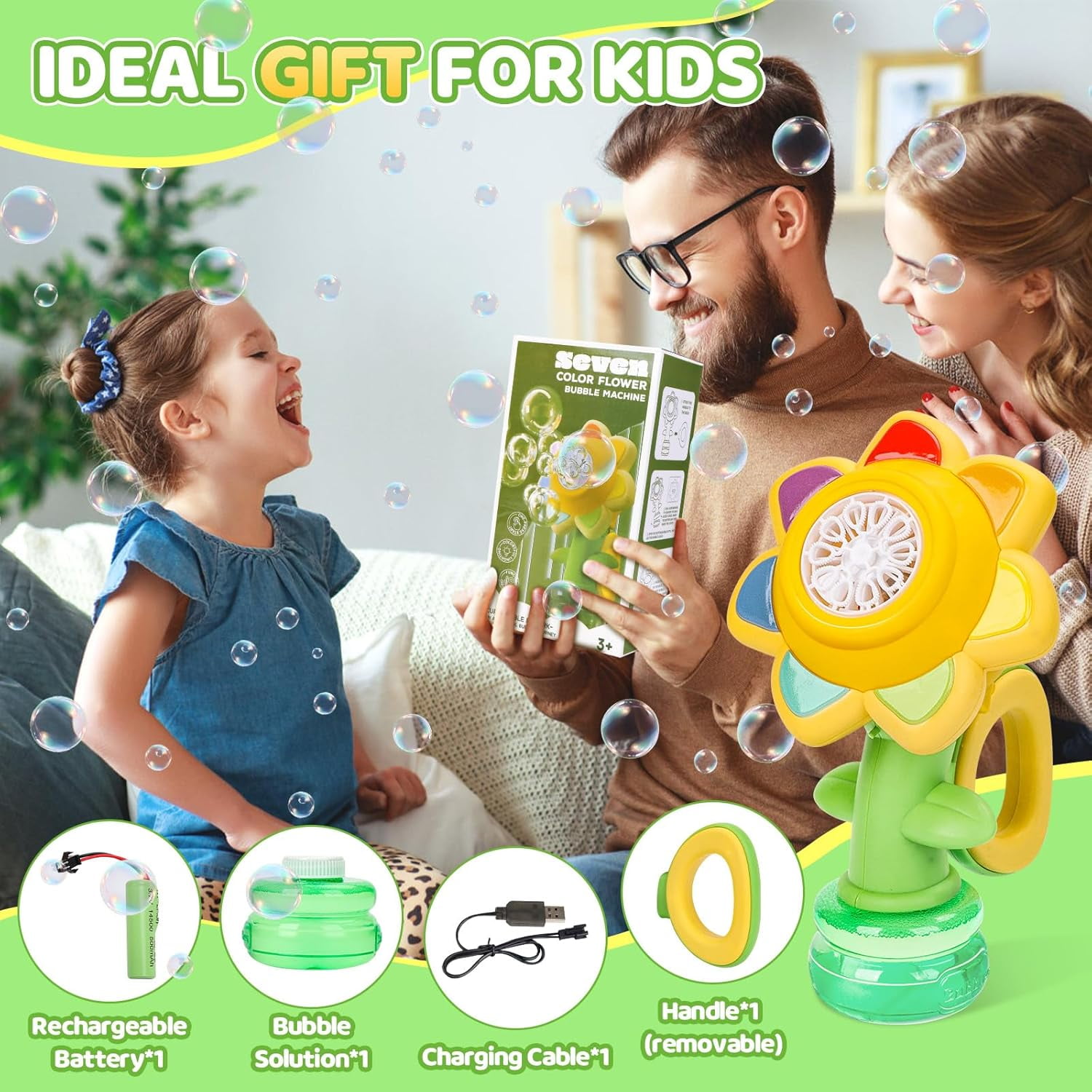 HYPERLIVING Jovicos Bubble Machine for Kids, Rechargeable Dancing Sunflower Bubble Maker, Light Up Automatic Bubble Blower Toys for Baby Childrens Girls Gift, Bubble Blaster Party Favors