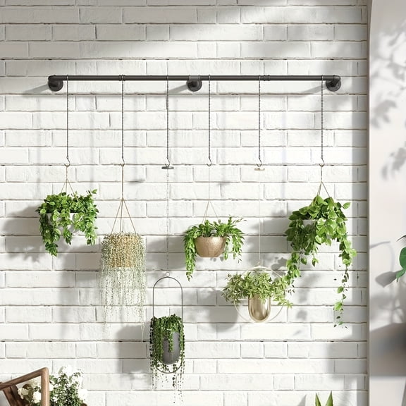 63-Inch Heavy-Duty Black Metal Ceiling/Ceiling-Mounted Plant Hanger System - Adjustable Indoor Hanging Rod with Hooks for 6 Pots (Compatible with Pots, Not Included)