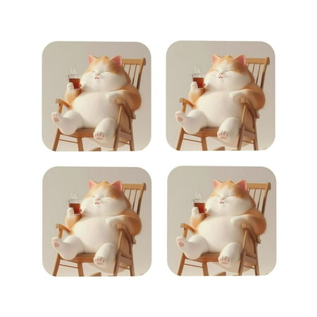 

Tideii Relaxing Cat With Tea for Leather Coasters 4 Pieces Anti-fouling and Anti-scalding Decorative Coasters Suitable for Restaurants Kitchens Coffee Shops-Square