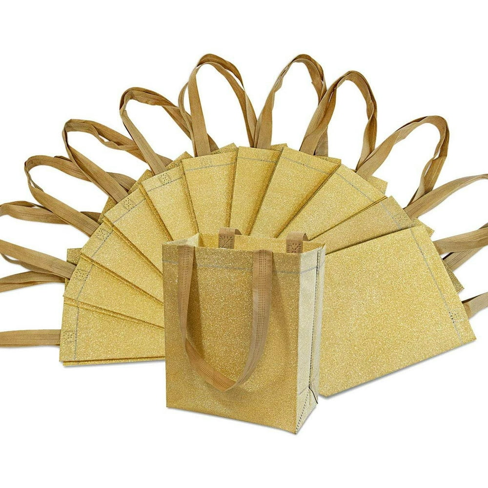 8x4x10" 12 Pcs. MediumSmall Metallic Gold Reusable Glitter Gift Bags with Handles, Birthday