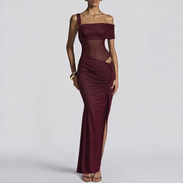 TaTaai Ladies One Shoulder Sleeveless Solid Color Maxi Dress Ruched Detail Mesh Panel Slim Fit Elegant Formal Wedding Party Wear Gift