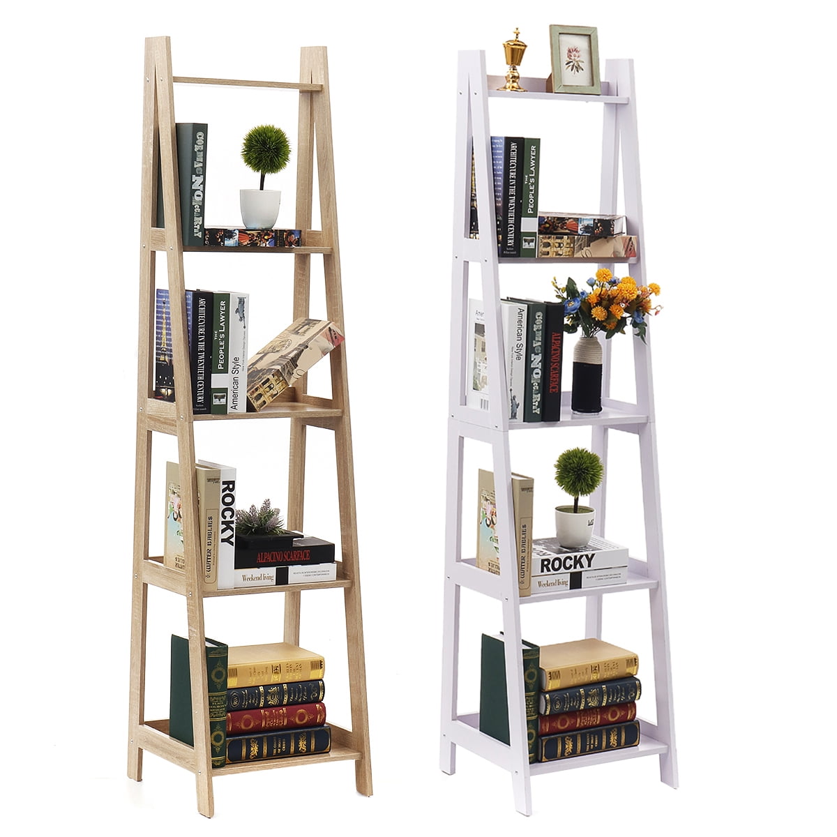 Augienb 4 5 Tier Ladder Shelf Wooden Leaning Bookshelf Storage Rack Shelves For Bathroom Kitchen Bedroom Office Stable Sloping Leaning Against The Wall Walmart Com Walmart Com
