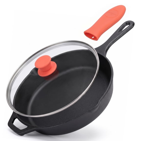 10" Pre-Seasoned Cast Iron Pan - PFOA-Free Oven Safe Kitchen Nonstick Cookware Frying Pan Skillet w/Glass Lid, Drip Spout, Silicone Handle - Gas/Electric/Ceramic/Induction Cooktop -NCCI10