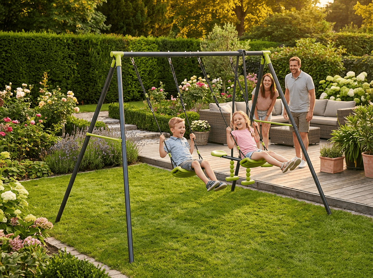 3-Seat Kids Metal Swing Set, 440 LBS Heavy Duty Weatherproof Outdoor Swing with Face-to-Face Curved Board Design, Easy Assembly Playground Swing for Backyard Garden Ages 3+