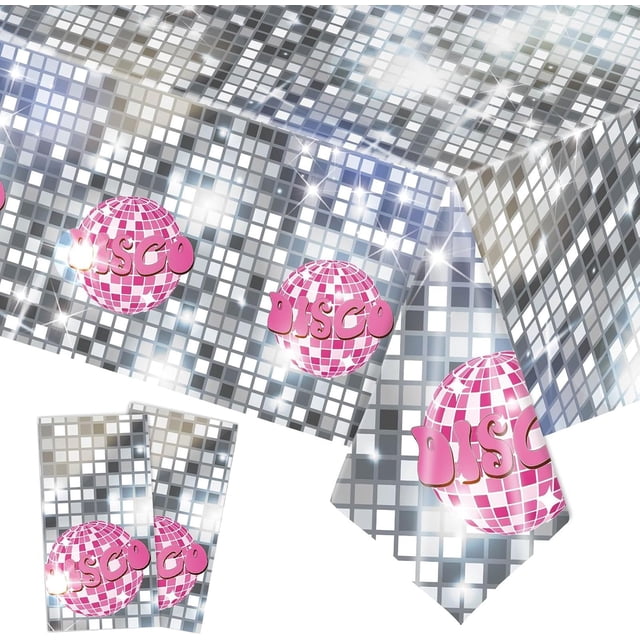 SINGOMON Disco Party Decorations - Silver Plastic Rectangular Tablecloths for 70s Birthday Celebrations