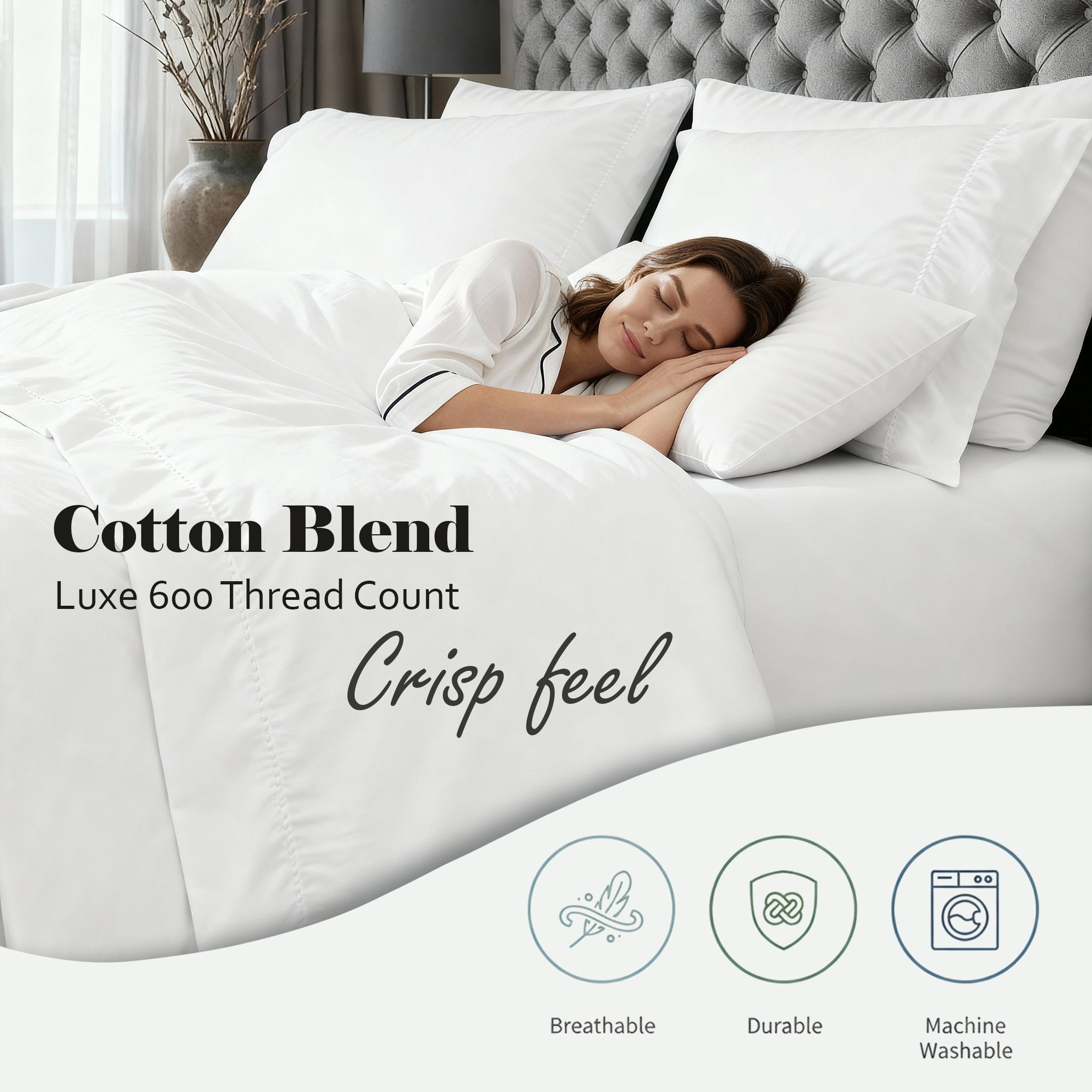 Superior Cotton Blend 600 Thread Count Dash Stitch Hem Sheet Set, Split King, White